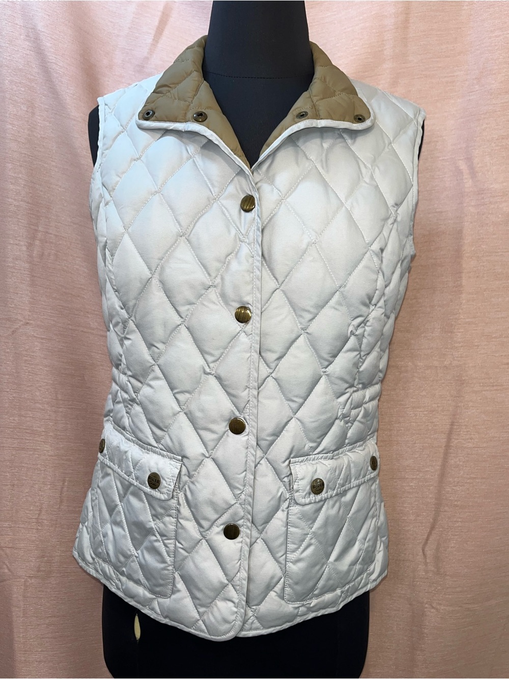 Eddie Bauer White Quilted Snap-Front Goose Down Vest with Tan Collar